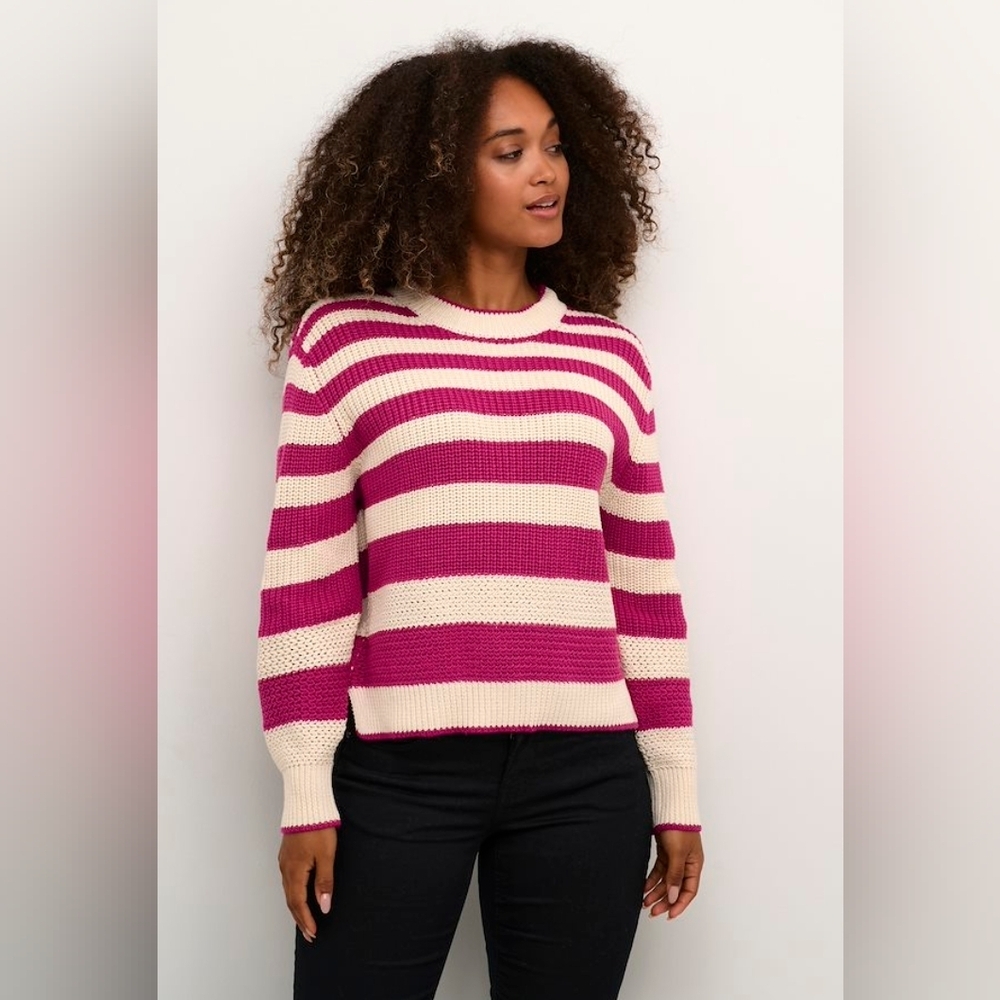 NWT CREAM MUKA FUCHSIA & IVORY STRIPE KNITTED PULLOVER SIZE SMALL